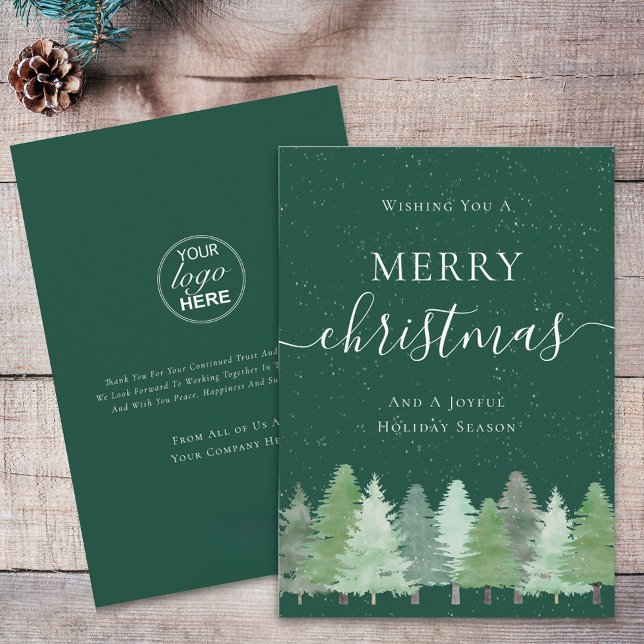 Weihnachten mit dem modernen Woodland Snow Busines (Modern watercolor woodland snow green and white merry christmas company logo business holiday card)
