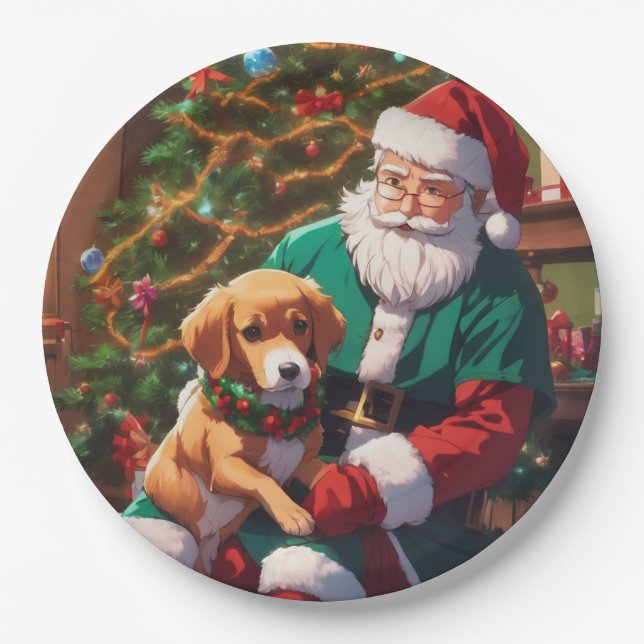 Weihnachten mit einem glücklichen Hund Pappteller (Vorderseite)
