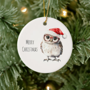 Weihnachten mit Eule mit Brille Keramik Ornament