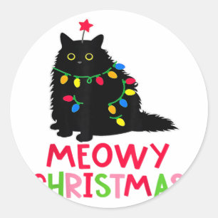 Weihnachten mit Meowy Xmas-Lichter Schwarz Katze P Runder Aufkleber