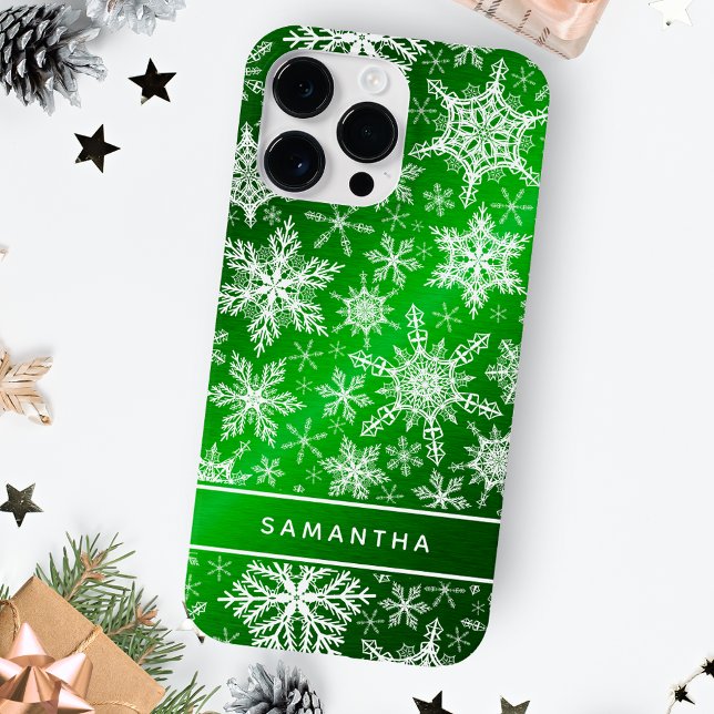 Weihnachten Mit Monogramm grüne Schneeflocken Case-Mate iPhone 14 Pro Max Hülle (Von Creator hochgeladen)