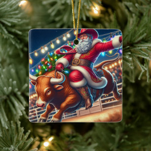Weihnachten mit Santa auf einem Rodeo-Stier Keramikornament