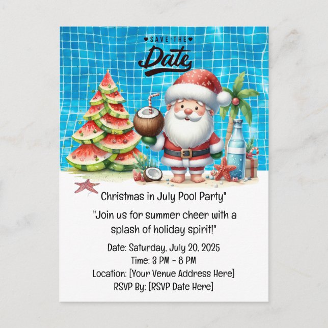 Weihnachten mit SANTA CLAUS Save the Date im Juli Postkarte (Vorderseite)