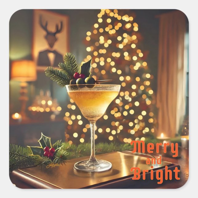 Weihnachten Mitte des Jahrhunderts Merry & Bright  Quadratischer Aufkleber (Vorderseite)
