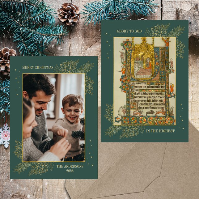 Weihnachten Mittelalterliches Christliches katholi (Christmas Medieval Manuscript Christian Catholic Nativity Scene Gold Family Photo Holiday Card)