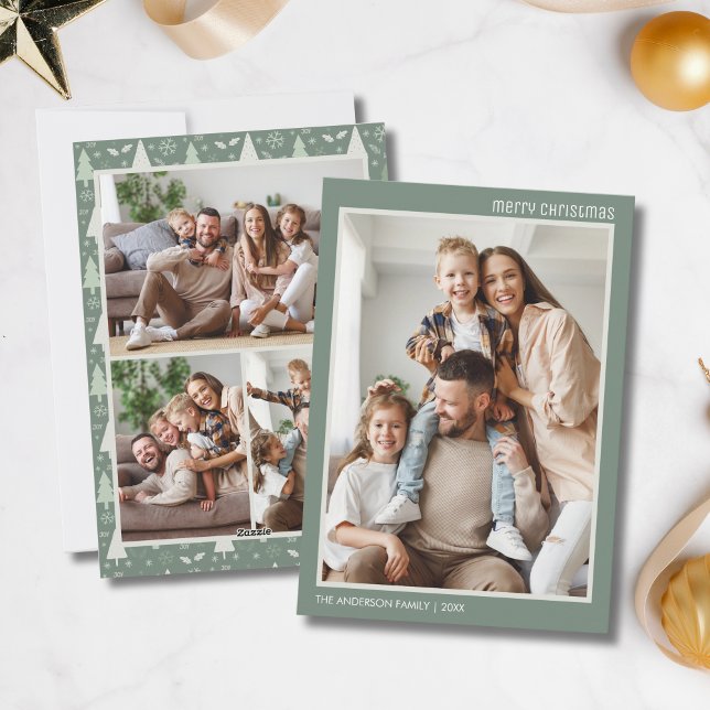 Weihnachten Modern 4 Familienfoto Collage Sage Gre (Christmas Modern 4 Family Photo Collage Sage Green Holiday Card)