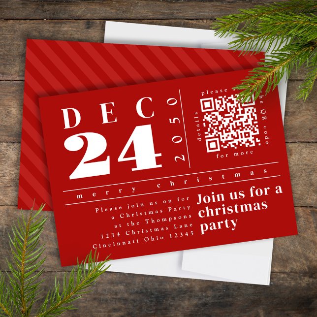 Weihnachten Modern Einfach Rot Fette Streifen QR C Einladung (Christmas modern style simple red striped party invitation, )