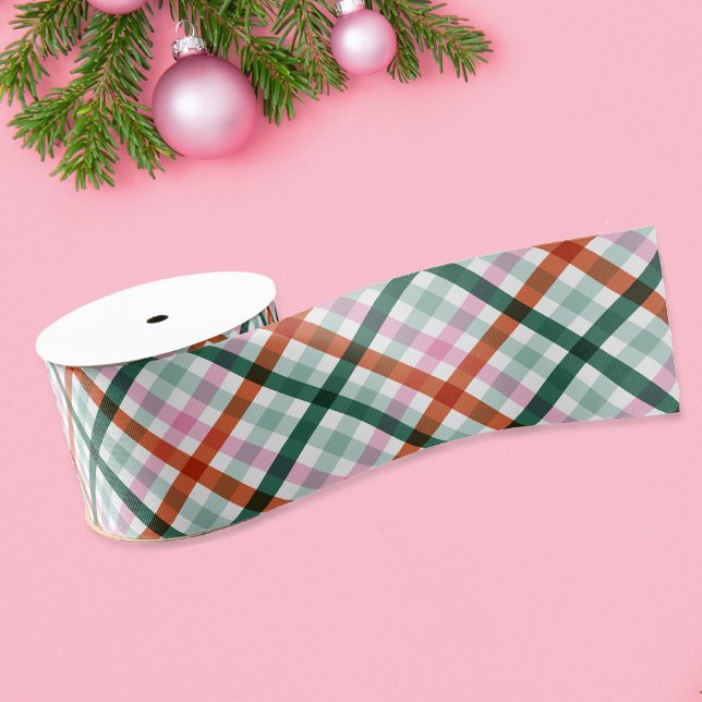 Weihnachten Modern Kariert Rosa Grün Rot Ripsband (Modern Gingham Christmas Ribbon. With red pink and green is perfect for your holiday gift wrapping)