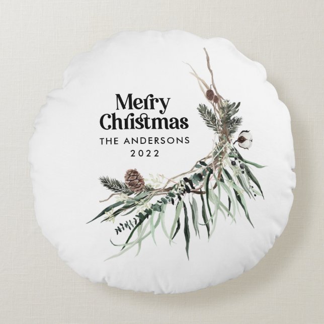 Weihnachten Moderne elegante Wasserfarbe botanisch Rundes Kissen (Vorderseite)