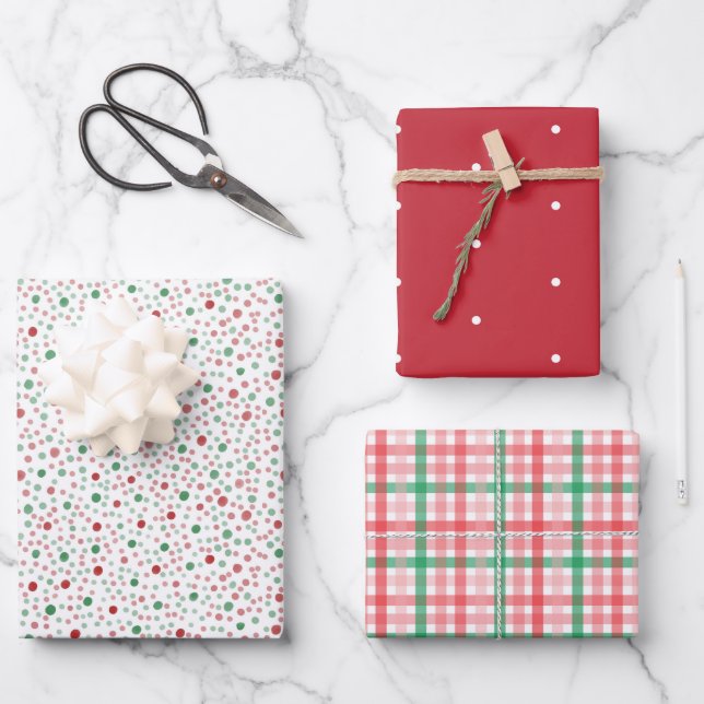 Weihnachten Moderner Minimalist Polka Dot und Karo Geschenkpapier Set (Vorderseite)