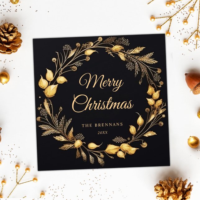 Weihnachten Modernes elegantes Schwarzes Gold Einz (Christmas Modern Elegant Black Gold Unique Festive Holiday Card)