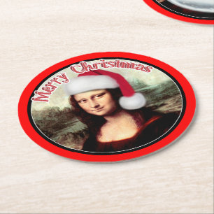 Weihnachten Mona Lisa mit Weihnachtsmannmütze Runder Pappuntersetzer