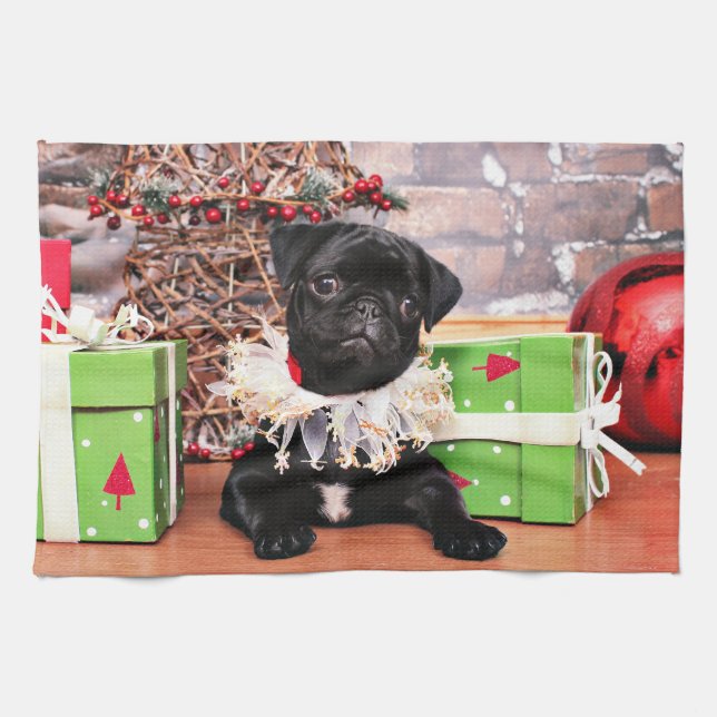 Weihnachten - Mops - Gänseblümchen Mae Geschirrtuch (Horizontal)