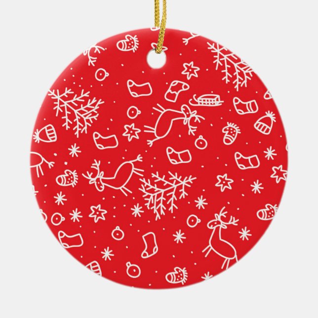 Weihnachten, Muster auf rotem Hintergrund, Doodle Keramik Ornament (Vorne)