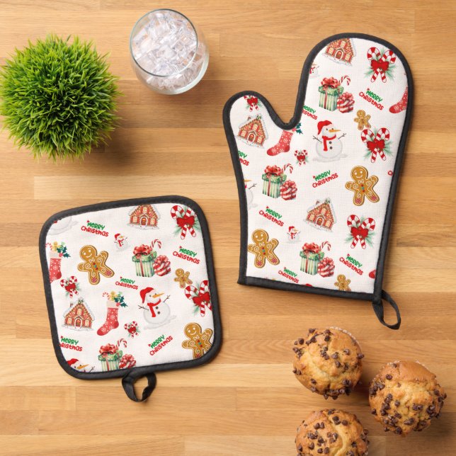 Weihnachten Nahtloses Muster Ofenhandschuh & Topflappen-Set (Oben Unten)
