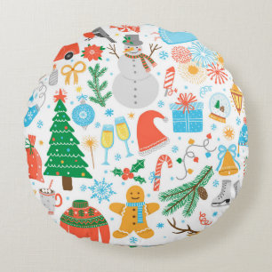 Weihnachten, Neues Jahr Ikone Set. Winterferien Vi Rundes Kissen