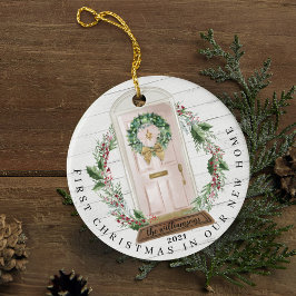 Weihnachten Neues Zuhause Rosa Aquarelltür Foto Keramik Ornament