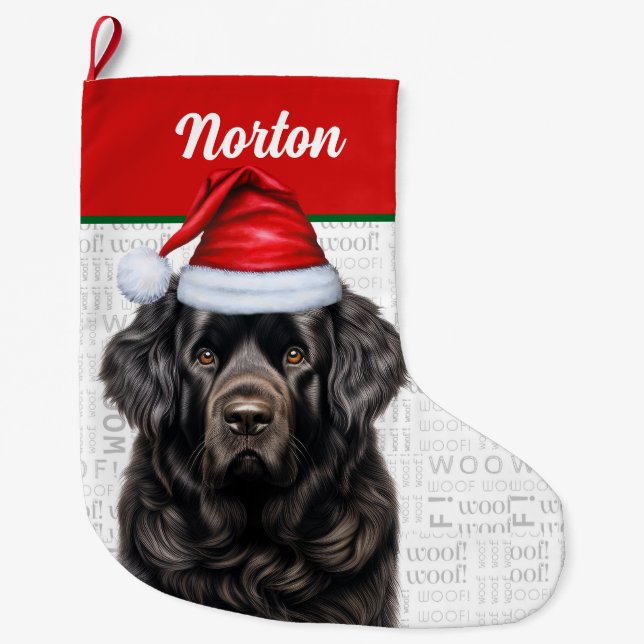 Weihnachten Neufundland Name Woof Hintergrund Großer Weihnachtsstrumpf (Vorderseite)