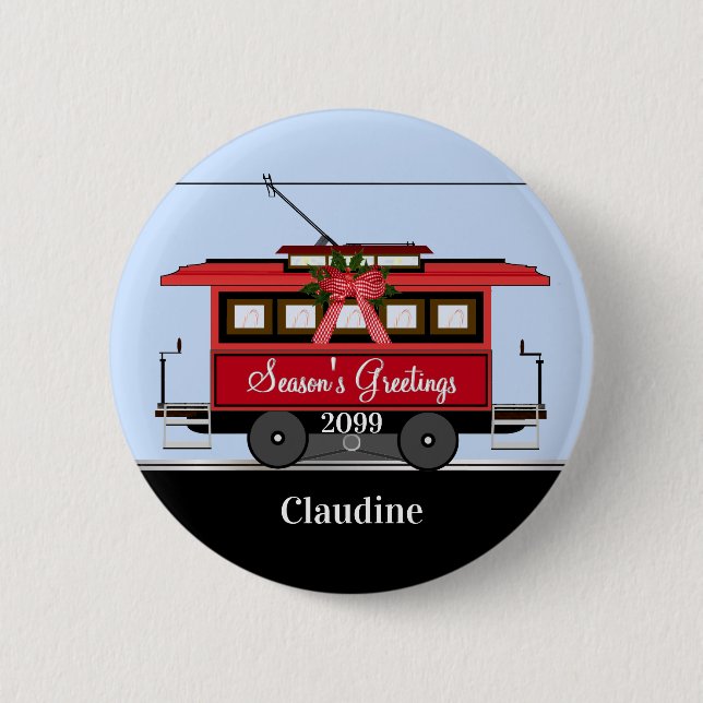 Weihnachten Neujahr Red Tram Trolley Streetcar Button (Vorderseite)