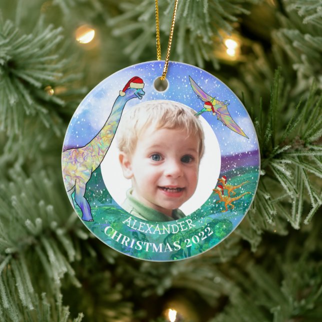Weihnachten niedlich Dinosaurier Personalisiertes  Keramik Ornament (Baum)