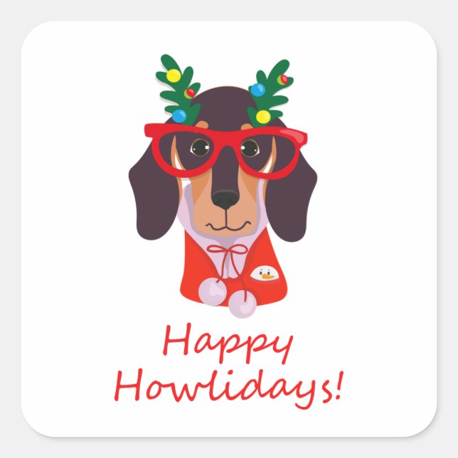 Weihnachten Niedlich Funny Dog Dackel Happy Howlid Quadratischer Aufkleber (Vorderseite)