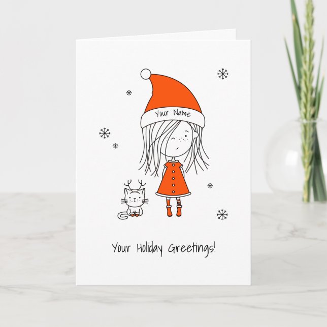 Weihnachten Niedlich Funny Santa Girl Cat Cartoon (Vorderseite)
