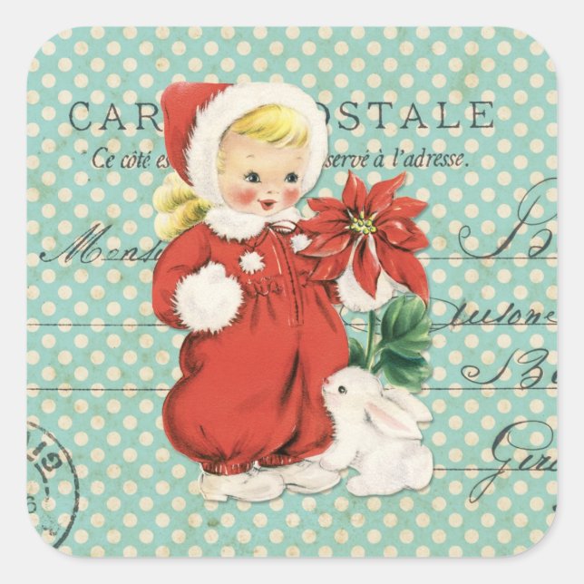 Weihnachten Niedlich Girl Poinsettia Mint Dots Quadratischer Aufkleber (Vorderseite)