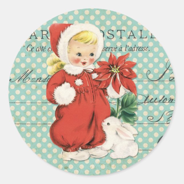 Weihnachten Niedlich Girl Poinsettia Mint Dots Runder Aufkleber (Vorderseite)