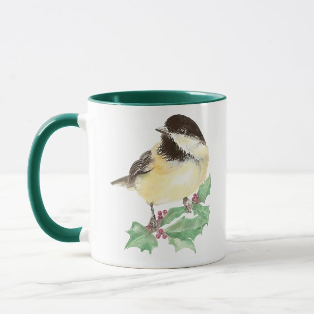 Weihnachten Niedliche Chickadee, Vogel, Holly Wild Tasse (Links)
