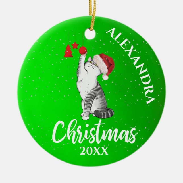 Weihnachten Niedliche Katze Weihnachtsmannmütze Gr Keramik Ornament (Vorne)