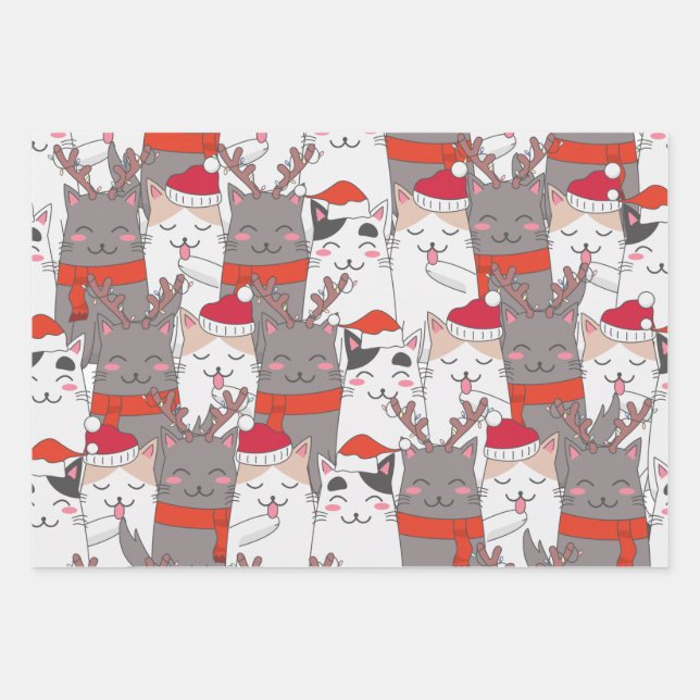Weihnachten Niedliche Santa Cat Print Muster, Xmas Geschenkpapier Set (Vorderseite)