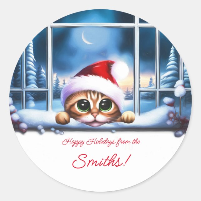 Weihnachten Niedlichen Cat Happy Holidays Runder Aufkleber (Vorderseite)