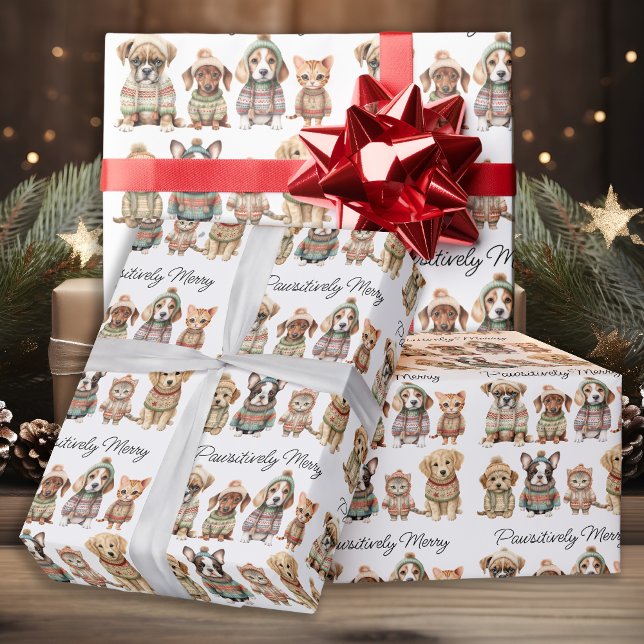 Weihnachten Niedlicher Hund Katzen Haustiere pawsi Geschenkpapier (Von Creator hochgeladen)