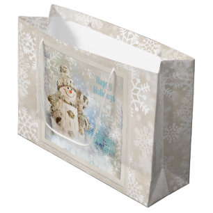 Weihnachten Niedlicher Schneemann mit Schneeflocke Große Geschenktüte