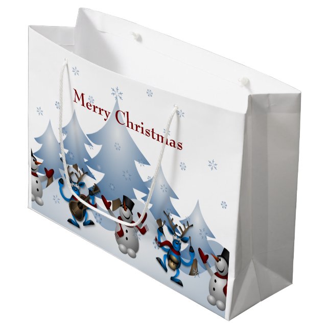 Weihnachten - Niedlicher Schneemann und Rentierban Große Geschenktüte (Vorderseite Schrägansicht)