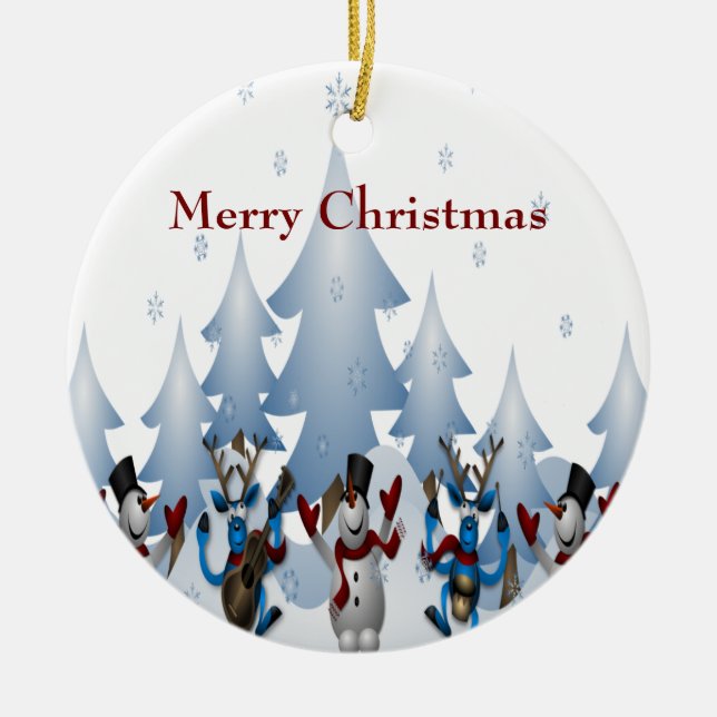 Weihnachten - Niedlicher Schneemann und Rentierban Keramik Ornament (Vorne)