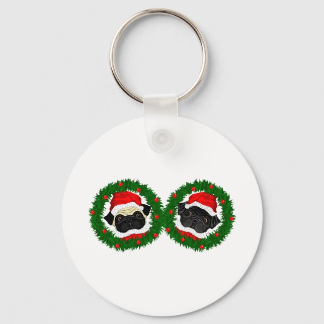 Weihnachten Niedlicher Schwarzer Mops und Fauna Mo Schlüsselanhänger (Vorderseite)