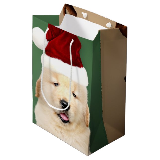 Weihnachten Niedlicher Weihnachtsmann Welpen Custo Mittlere Geschenktüte (Vorderseite Schrägansicht)