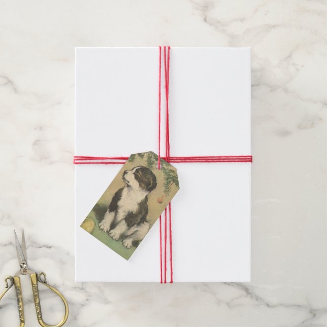Weihnachten, Niedlicher Welpe unter Weihnachtsbaum Geschenkanhänger (Mit Garn)