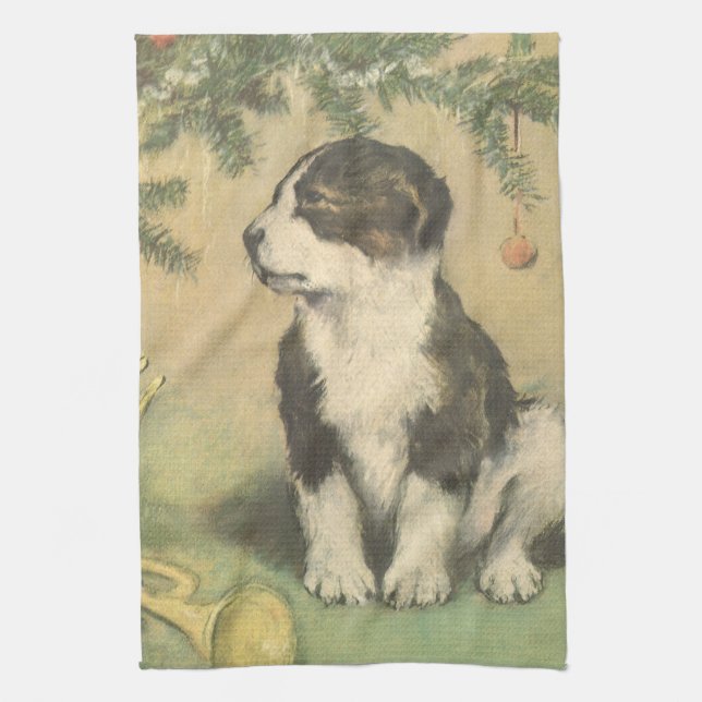 Weihnachten, Niedlicher Welpe unter Weihnachtsbaum Küchentuch (Vertikal)