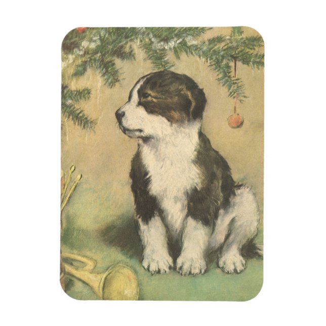 Weihnachten, Niedlicher Welpe unter Weihnachtsbaum Magnet (Vertikal)
