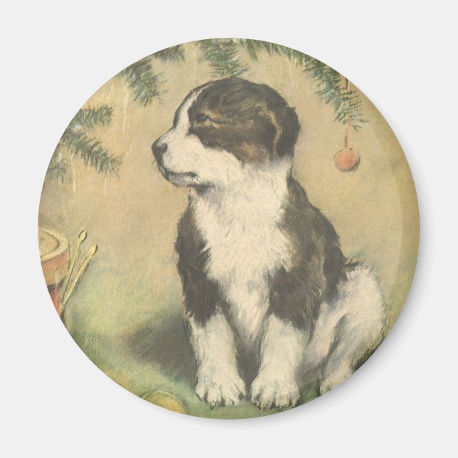 Weihnachten, Niedlicher Welpe unter Weihnachtsbaum Magnet (Vorne)