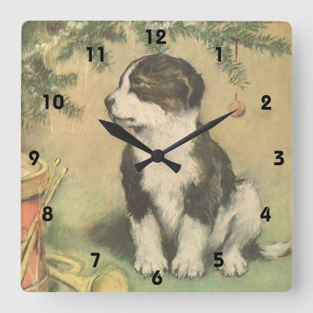 Weihnachten, Niedlicher Welpe unter Weihnachtsbaum Quadratische Wanduhr (Vorderseite)