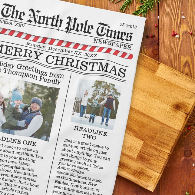 Weihnachten Niedliches Foto Whimsical Fun Newspapi Geschirrtuch (Merry Christmas cute whimsical newspaper kitchen towel.)