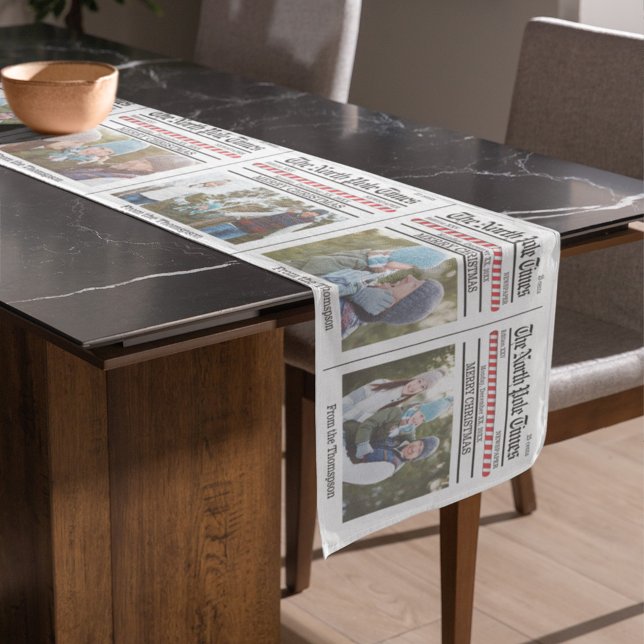 Weihnachten Niedliches Foto Whimsical Stylish News Kurzer Tischläufer (Merry Christmas holiday newspaper print table runner)