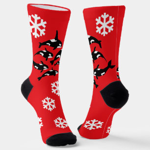 Weihnachten Orca Killer Wale und Schneeflocken Rot Socken