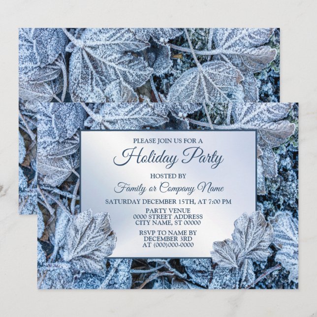 Weihnachten Party Blue Blätter Schnee Urlaub Winte Einladung (Vorne/Hinten)