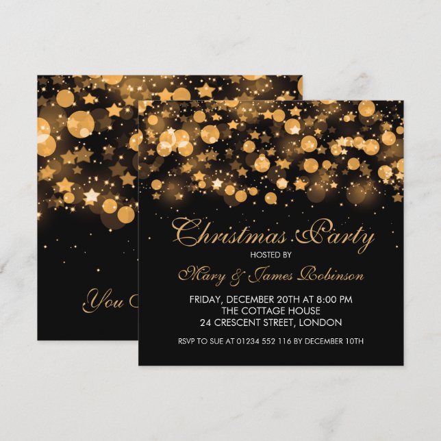Weihnachten Party Gold Sparkling Stars & Lights Einladung (Vorne/Hinten)