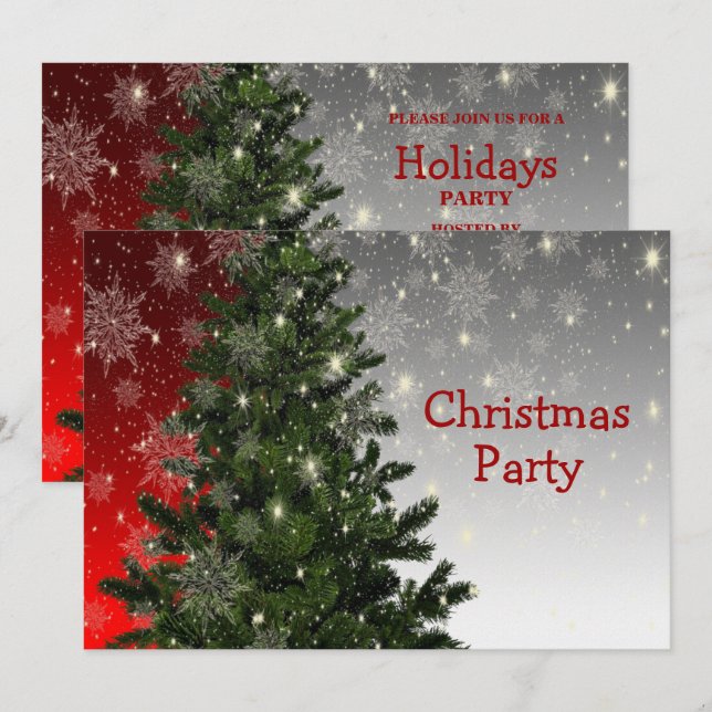 Weihnachten Party Grüne Bäume Rote Silberschneeflo Einladung (Vorne/Hinten)
