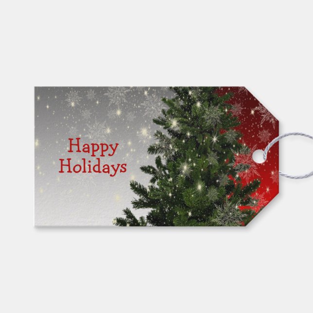 Weihnachten Party Grüne Bäume Rote Silberschneeflo Geschenkanhänger (Vorderseite (Horizontal))